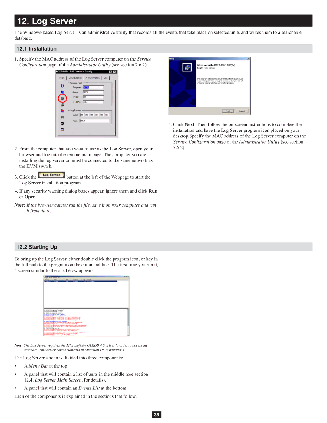 Tripp Lite B020-016-17-IP owner manual Log Server, Installation, Starting Up 