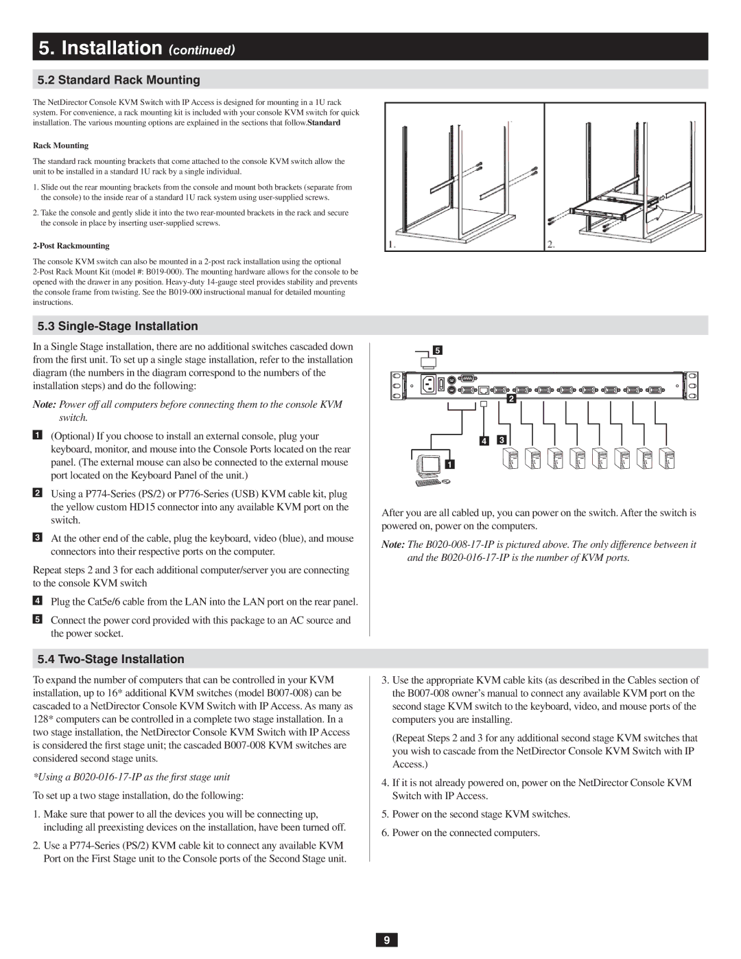 Tripp Lite B020-016-17-IP owner manual Standard Rack Mounting, Single-Stage Installation, Two-Stage Installation 