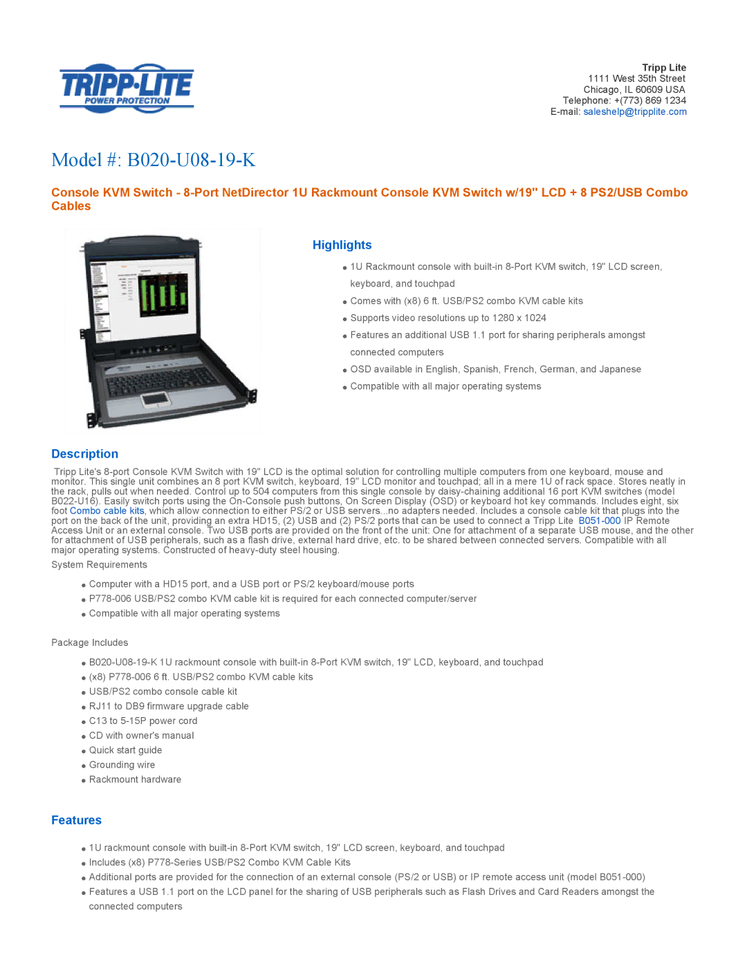 Tripp Lite B020-U08-19-K, B020-U08-19KTAA owner manual This package should consist, Th Street, Chicago, IL 60609 USA 