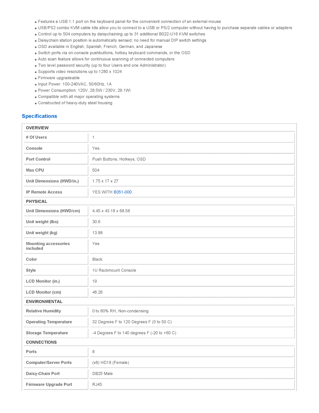 Tripp Lite B020-U08-19-K owner manual Specifications, Overview, Physical, Environmental, Connections 