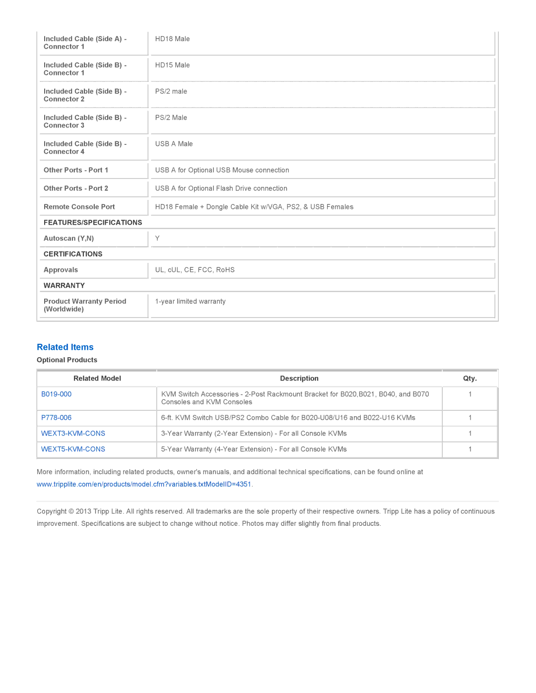 Tripp Lite B020-U08-19-K owner manual Related Items, Features/Specifications, Certifications, Warranty 