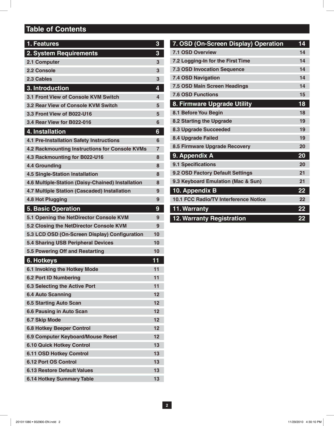 Tripp Lite B020-U16-19-K, B020-U08-19KTAA, B020-U08-19-K owner manual Table of Contents 