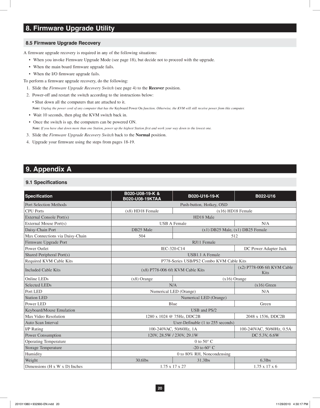 Tripp Lite B020-U16-19-K, B020-U08-19KTAA, B020-U08-19-K owner manual Appendix a, Specifications 