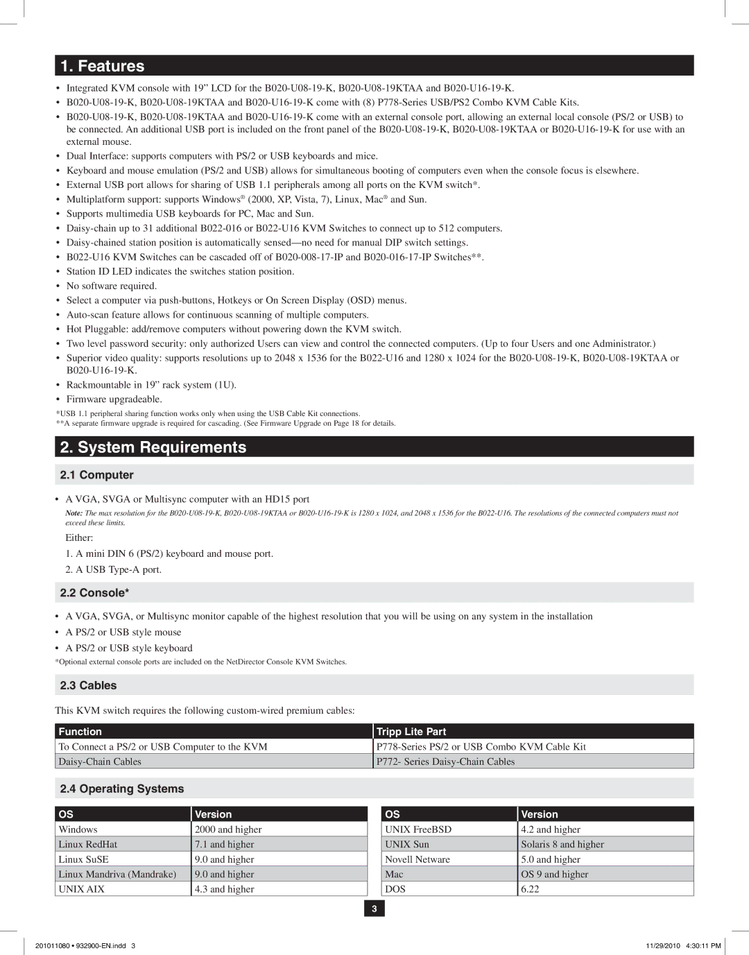 Tripp Lite B020-U08-19KTAA, B020-U08-19-K, B020-U16-19-K Features, System Requirements, Computer, Operating Systems 