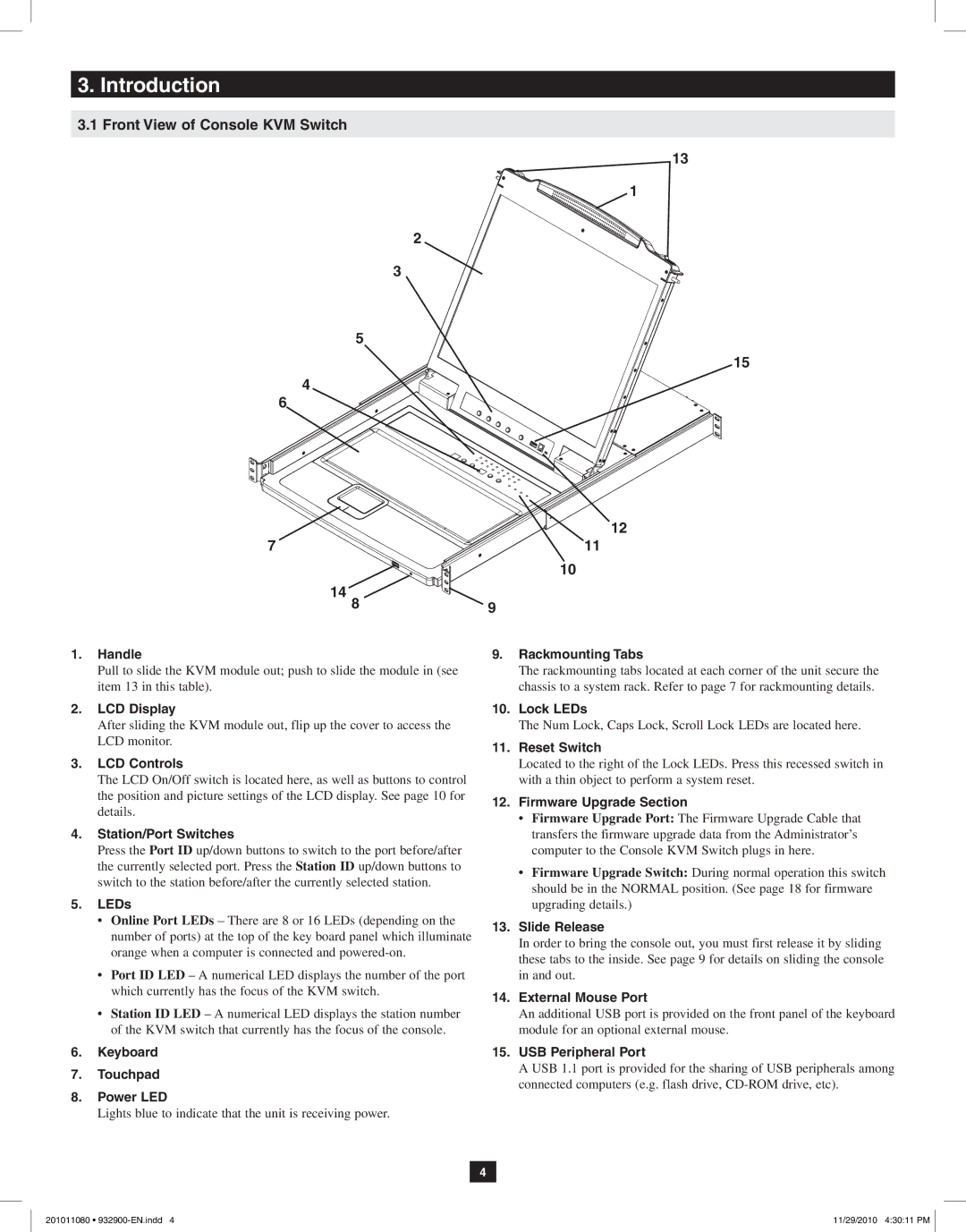 Tripp Lite B020-U08-19-K, B020-U08-19KTAA, B020-U16-19-K owner manual Introduction, Front View of Console KVM Switch 