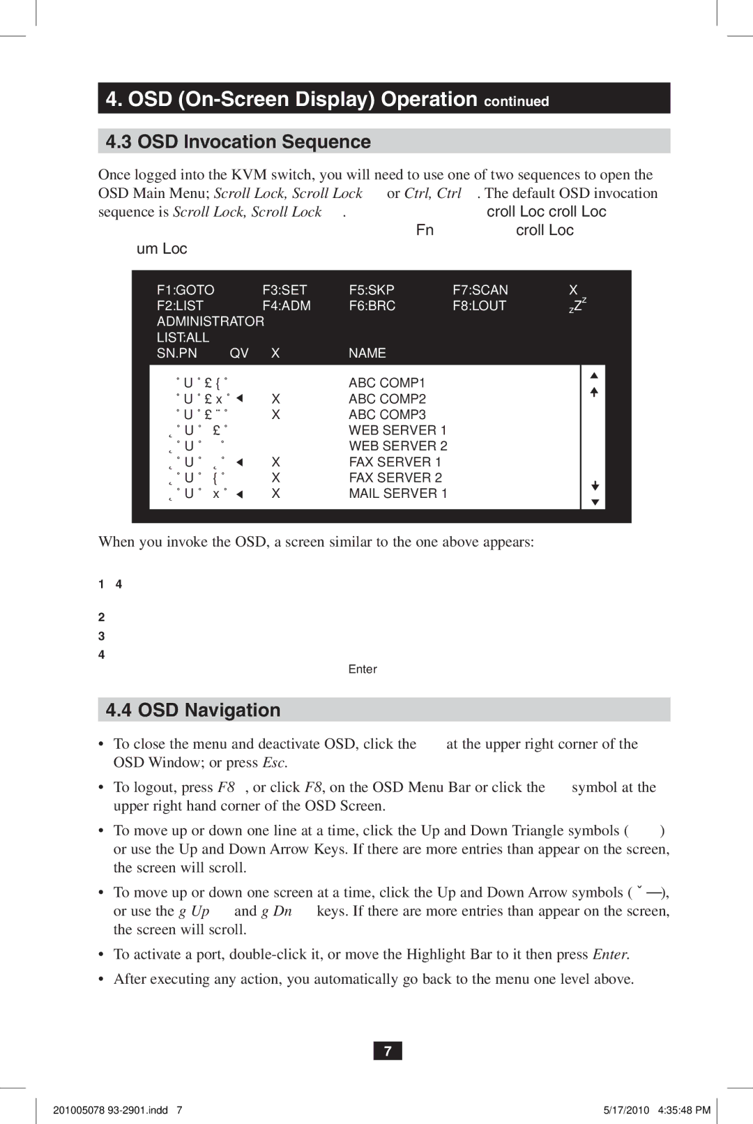 Tripp Lite B022-U16KVM, B020-U08-19KTAA quick start OSD Invocation Sequence, OSD Navigation, OSD Window or press Esc 