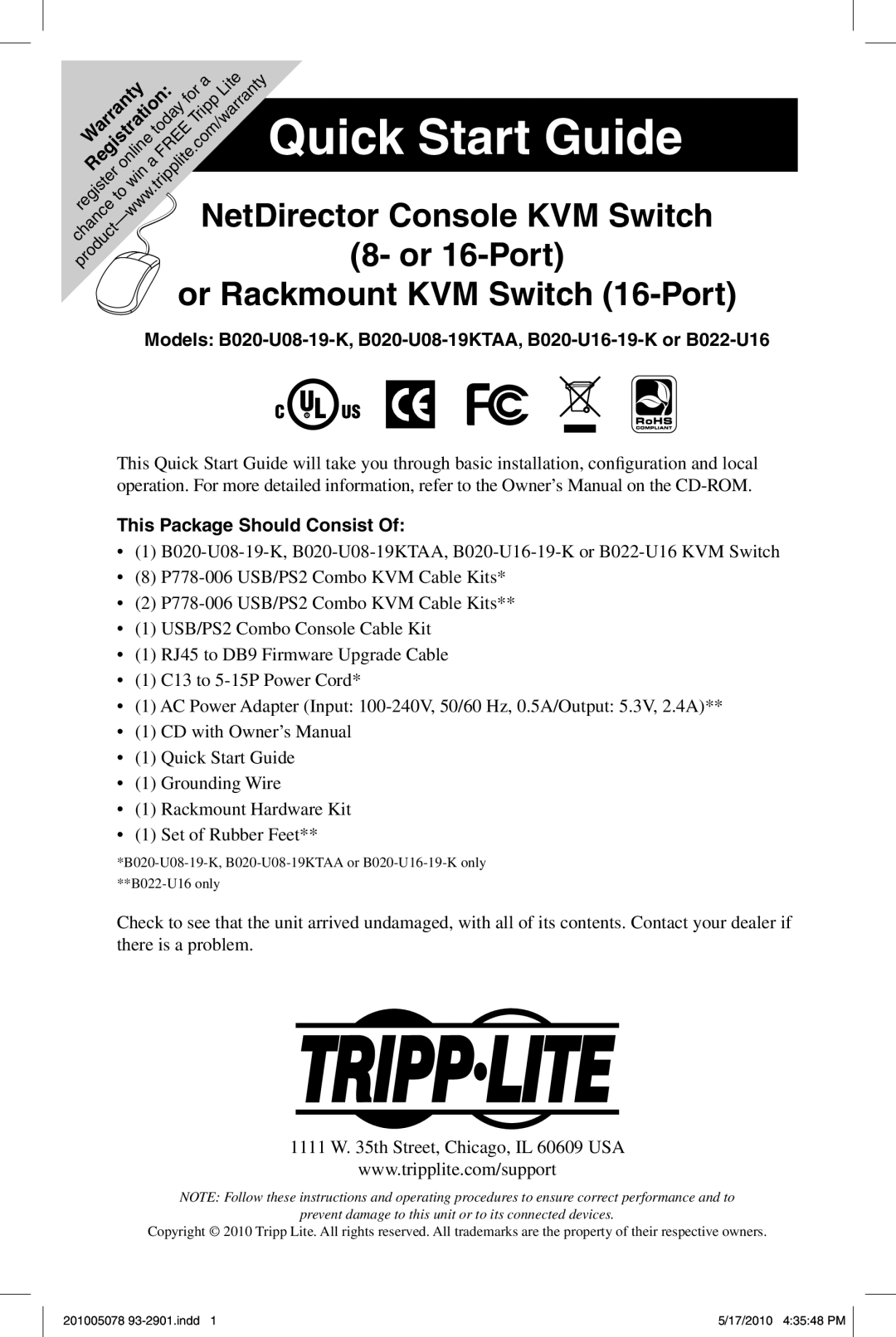 Tripp Lite B022-U16KVM, B020-U08-19KTAA quick start or Rackmount KVM Switch 16-Port, This Package Should Consist Of 