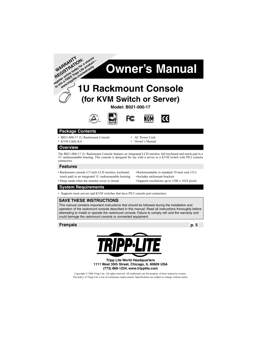 Tripp Lite owner manual 1U Rackmount Console, Model B021-000-17, Package Contents, Overview, Features, Français 