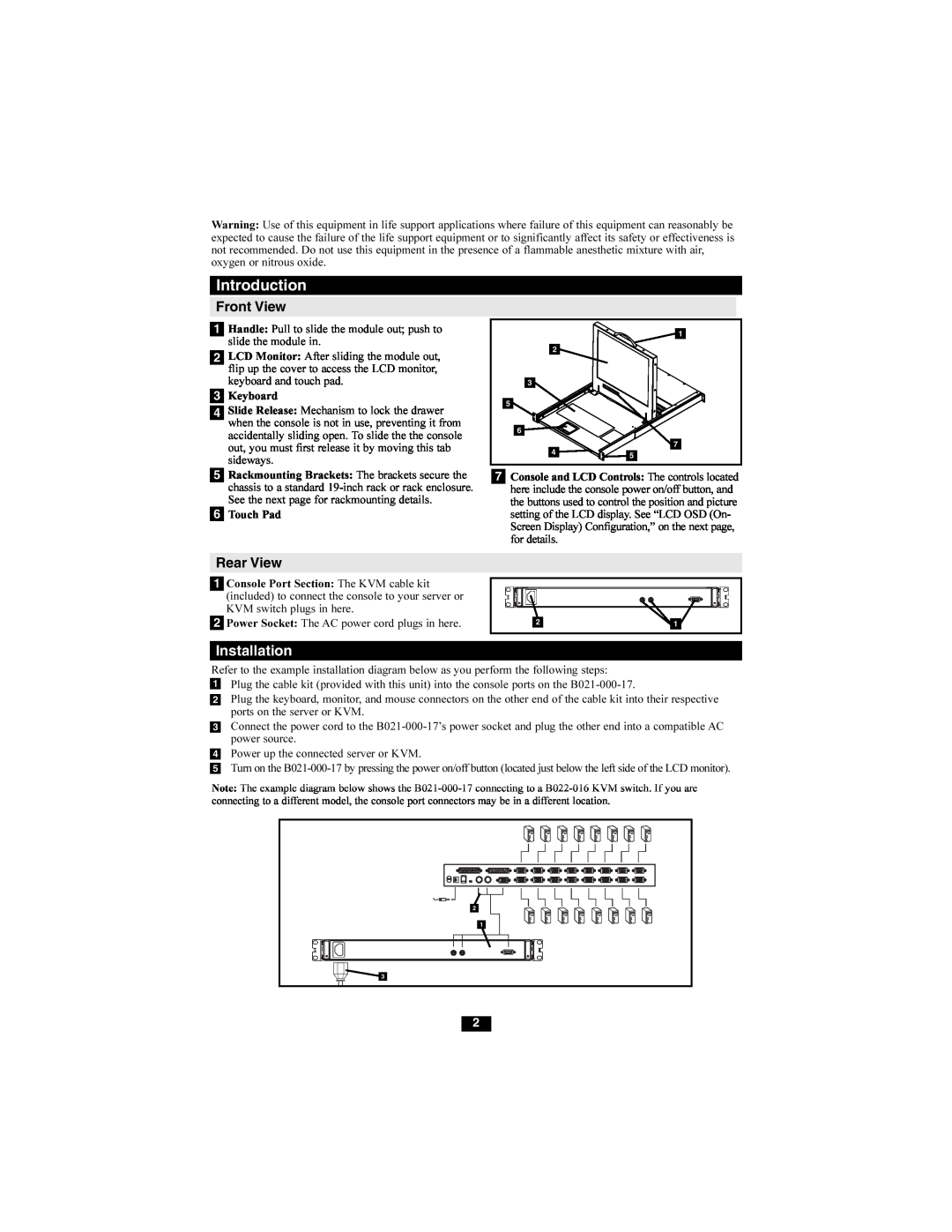 Tripp Lite B021-000-17 owner manual Introduction, Front View, Rear View, Installation 