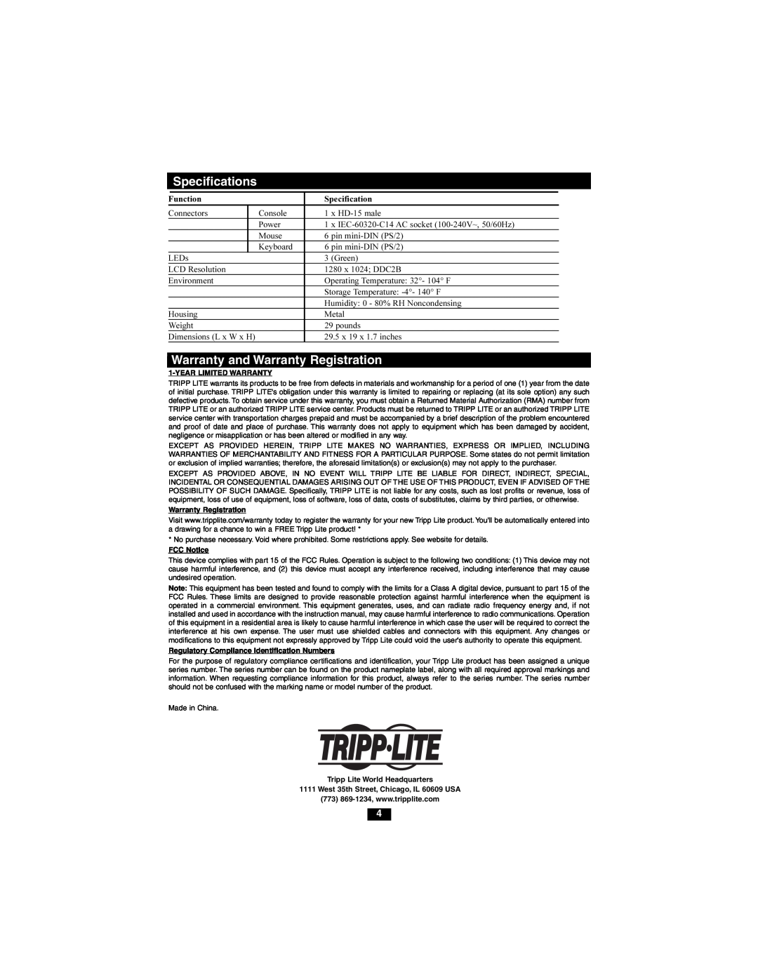 Tripp Lite B021-000-17 owner manual Specifications, Warranty and Warranty Registration, Year Limited Warranty, FCC Notice 