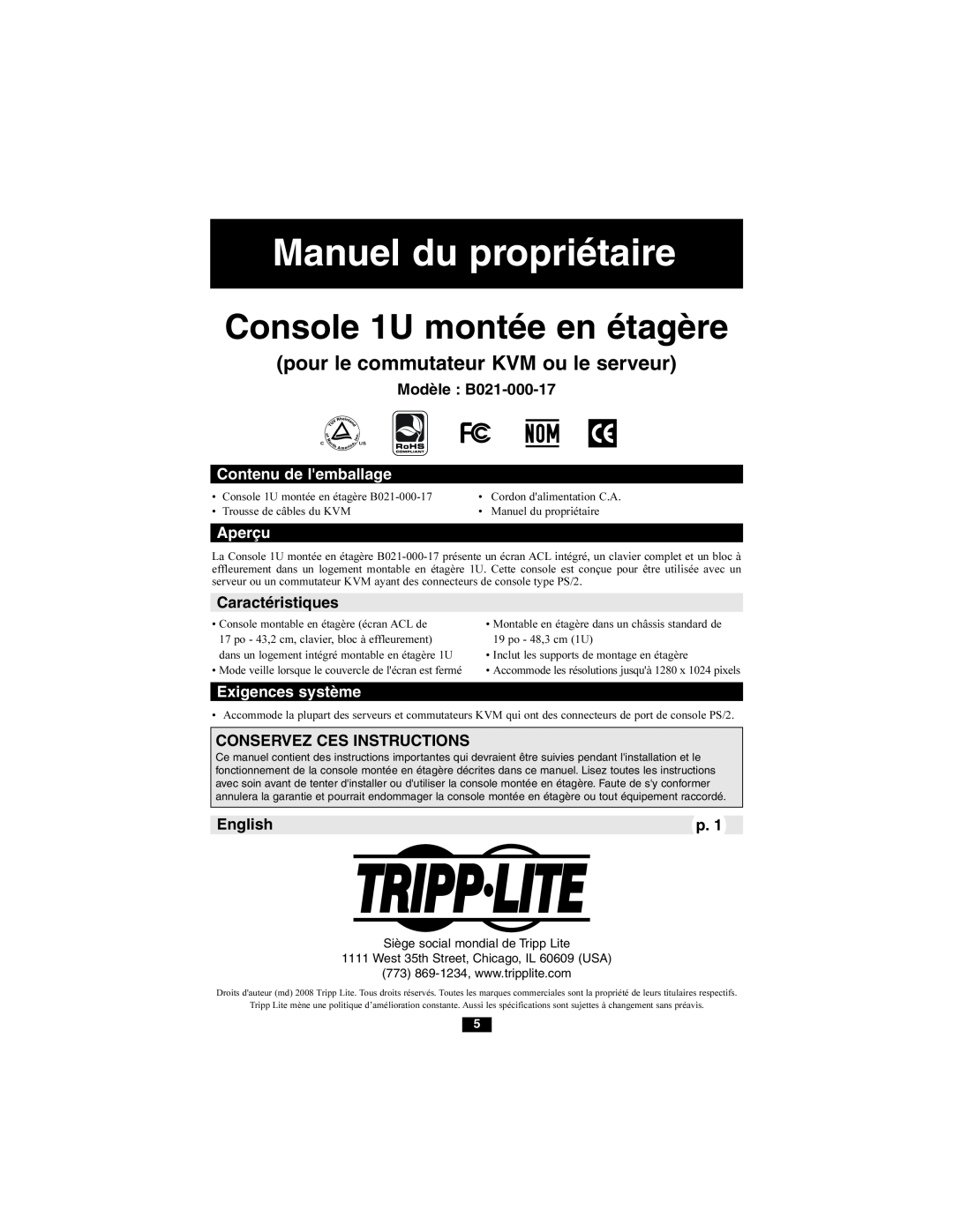 Tripp Lite Console 1U montée en étagère, Modèle B021-000-17, Contenu de lemballage, Aperçu, Caractéristiques, English 