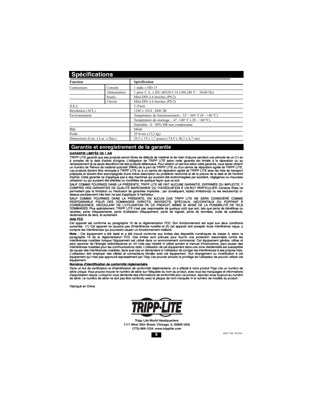 Tripp Lite B021-000-17 owner manual Garantie et enregistrement de la garantie, Spécifications 