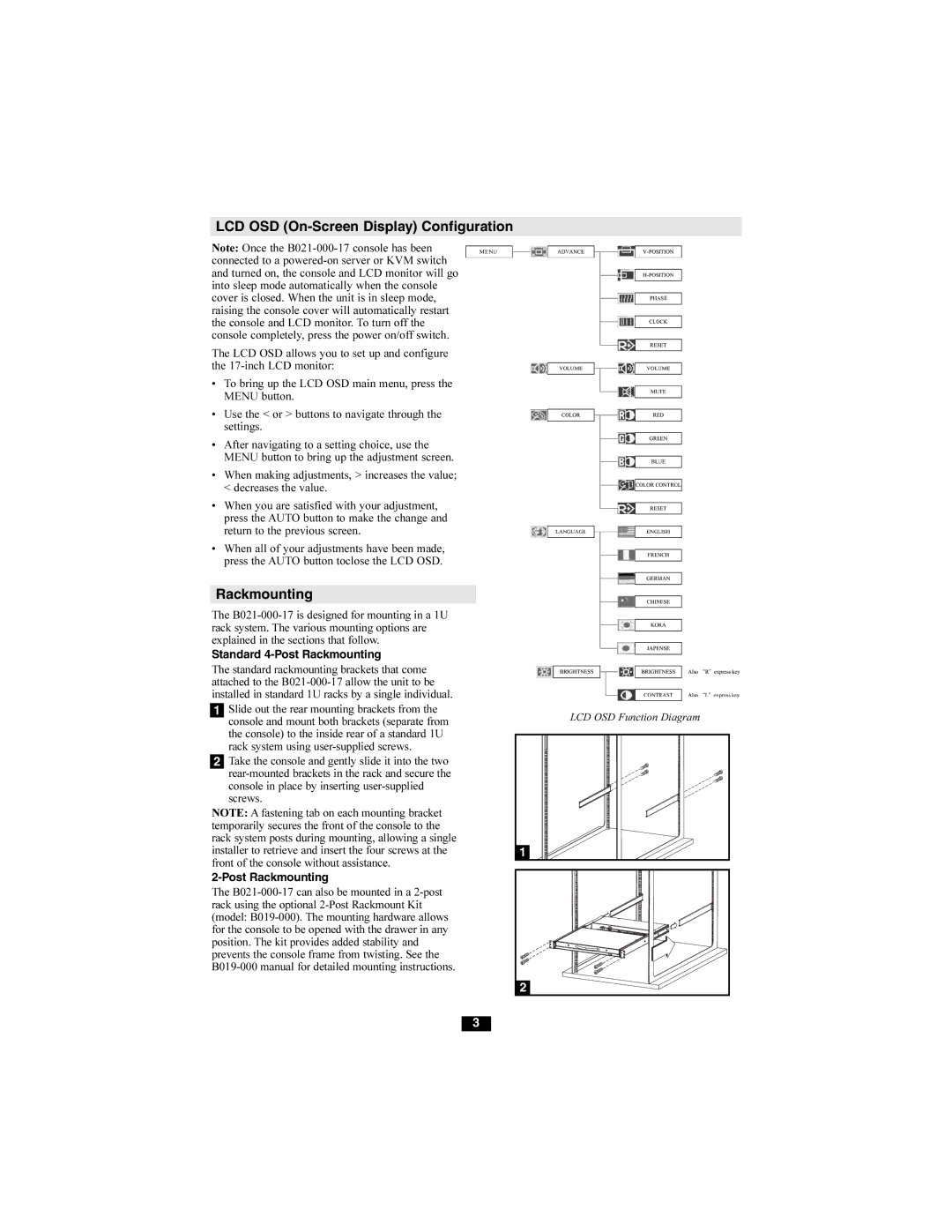 Tripp Lite B021-000-17 owner manual LCD OSD On-Screen Display Configuration, Rackmounting 