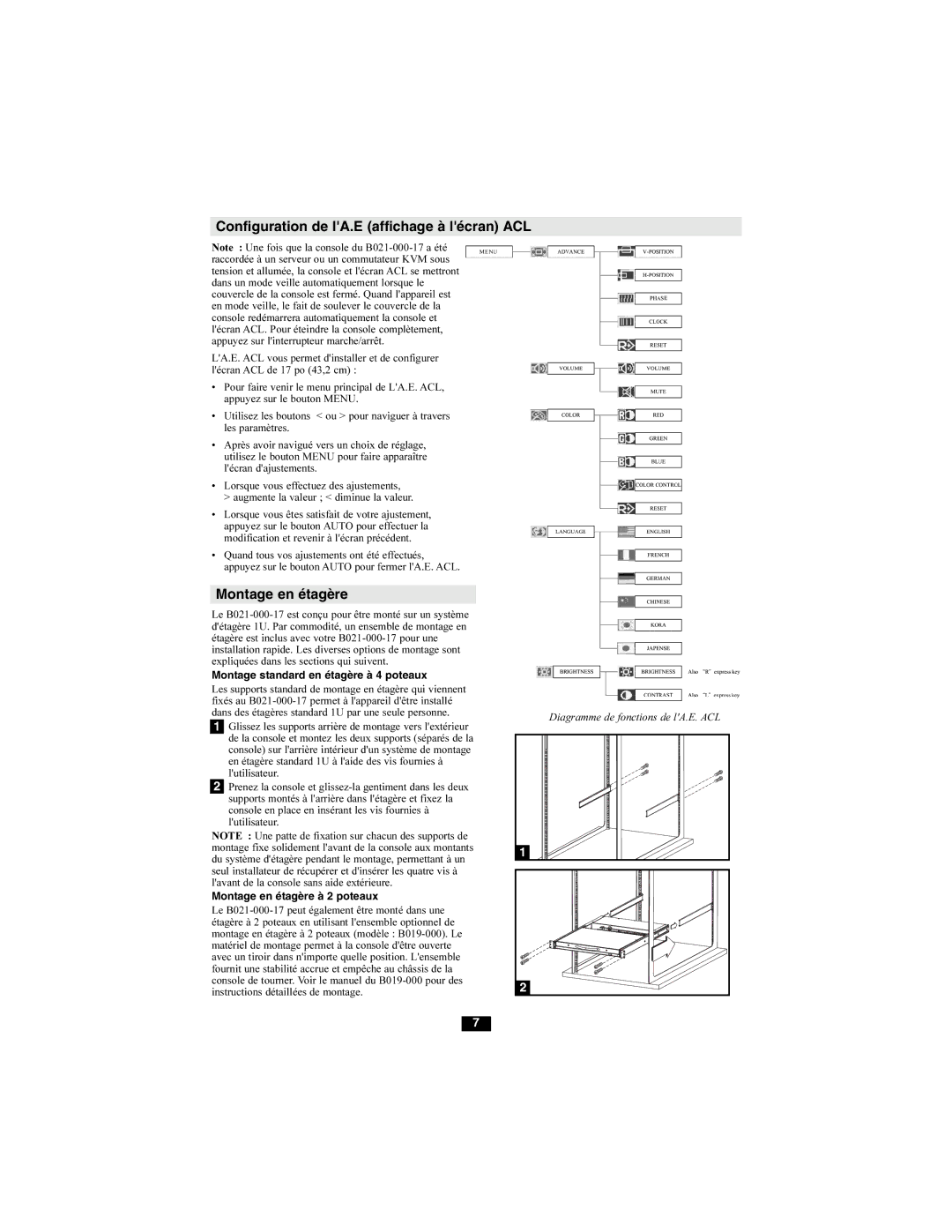 Tripp Lite B021-000-17 owner manual Configuration de lA.E affichage à lécran ACL, Montage en étagère 