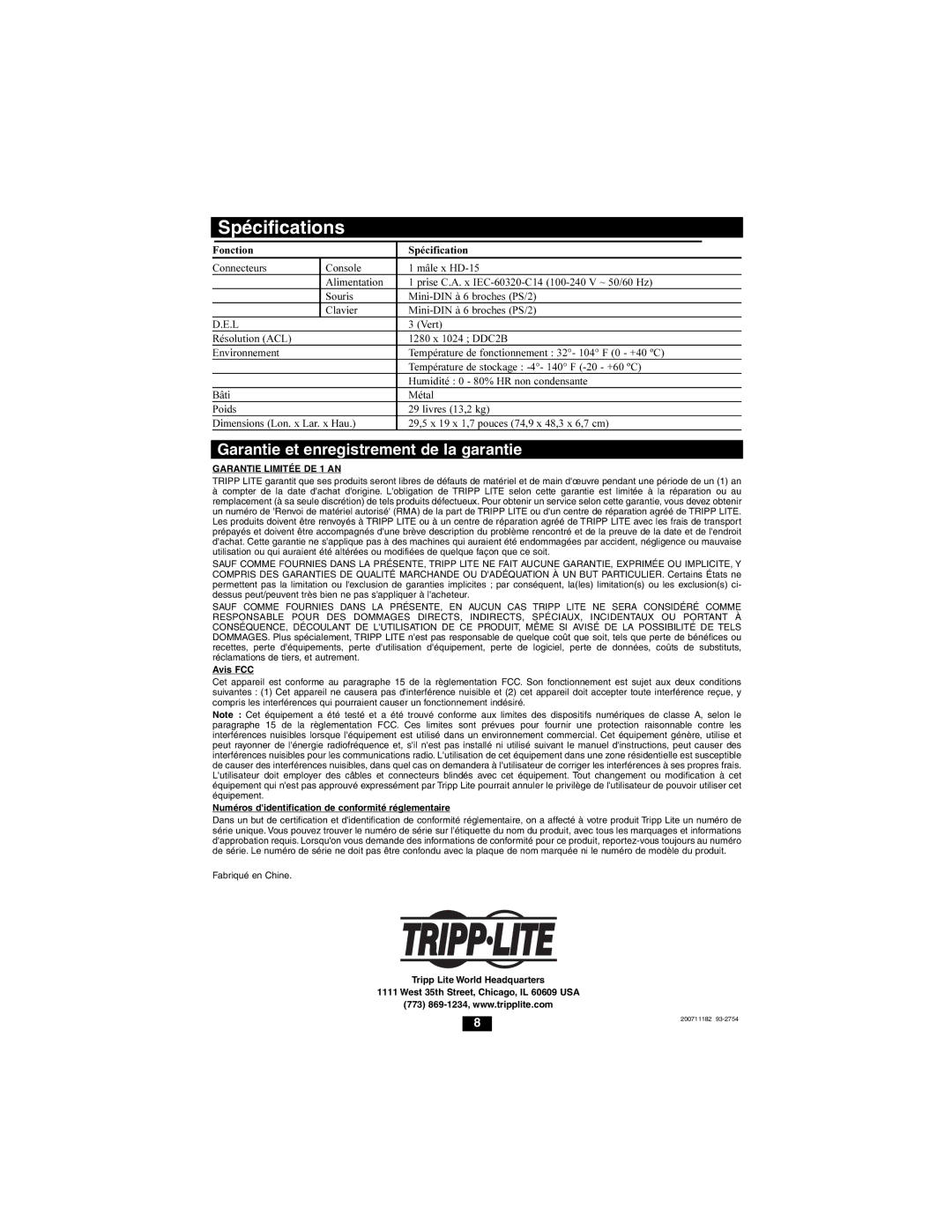 Tripp Lite B021-000-17 owner manual Garantie et enregistrement de la garantie, Garantie Limitée DE 1 AN, Avis FCC 