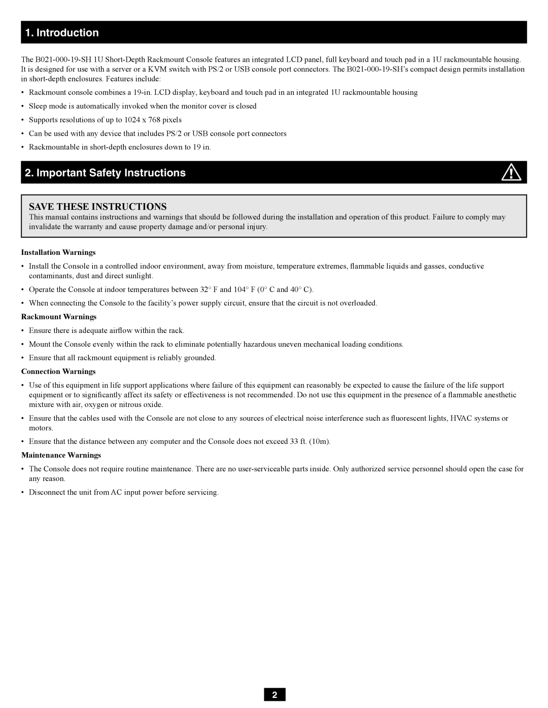 Tripp Lite B021-000-19-SH owner manual Introduction, Important Safety Instructions 