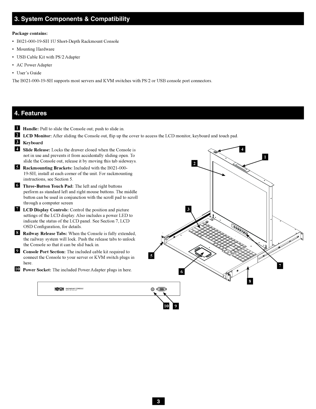 Tripp Lite B021-000-19-SH owner manual System Components & Compatibility, Features, Package contains, Keyboard 