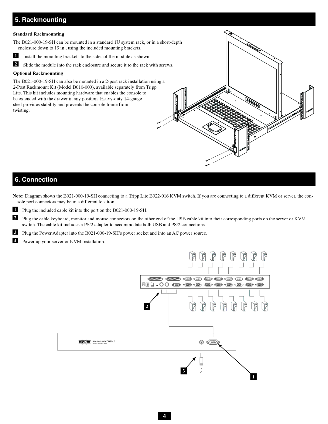 Tripp Lite B021-000-19-SH owner manual Connection, Standard Rackmounting, Optional Rackmounting 