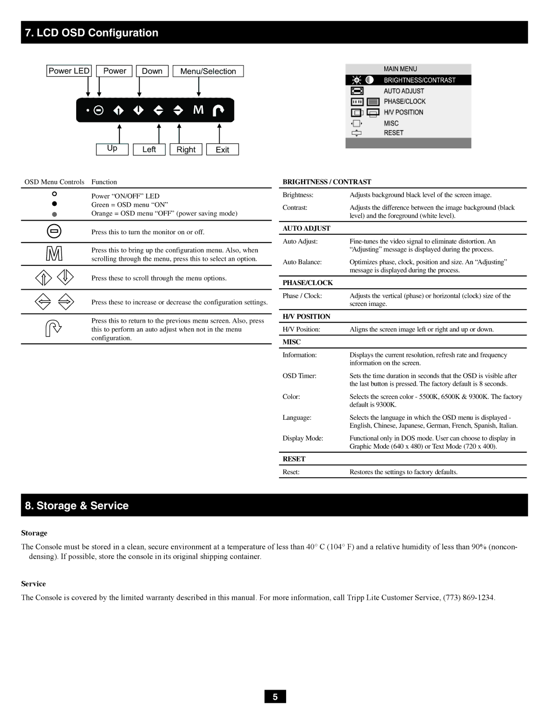 Tripp Lite B021-000-19-SH owner manual LCD OSD Conﬁguration, Storage & Service 