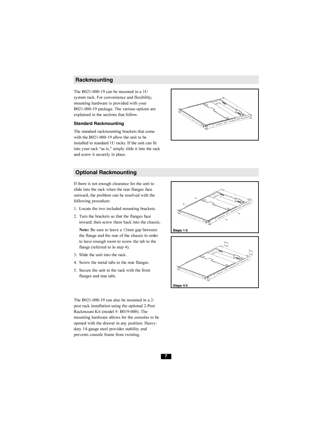 Tripp Lite B021-000-19 owner manual Optional Rackmounting, Standard Rackmounting 