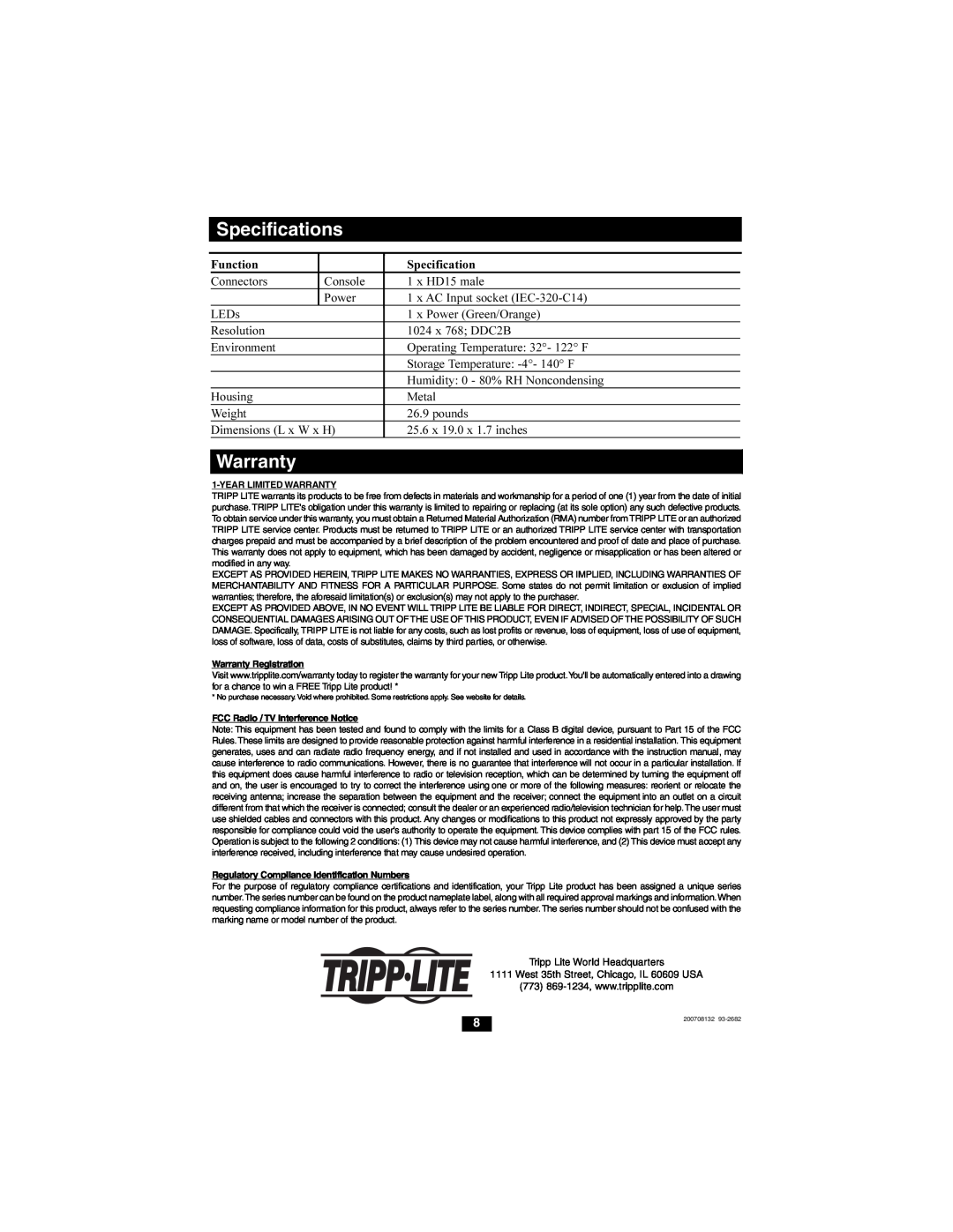 Tripp Lite B021-000-19 Specifications, Warranty, Tripp Lite World Headquarters, West 35th Street, Chicago, IL 60609 USA 