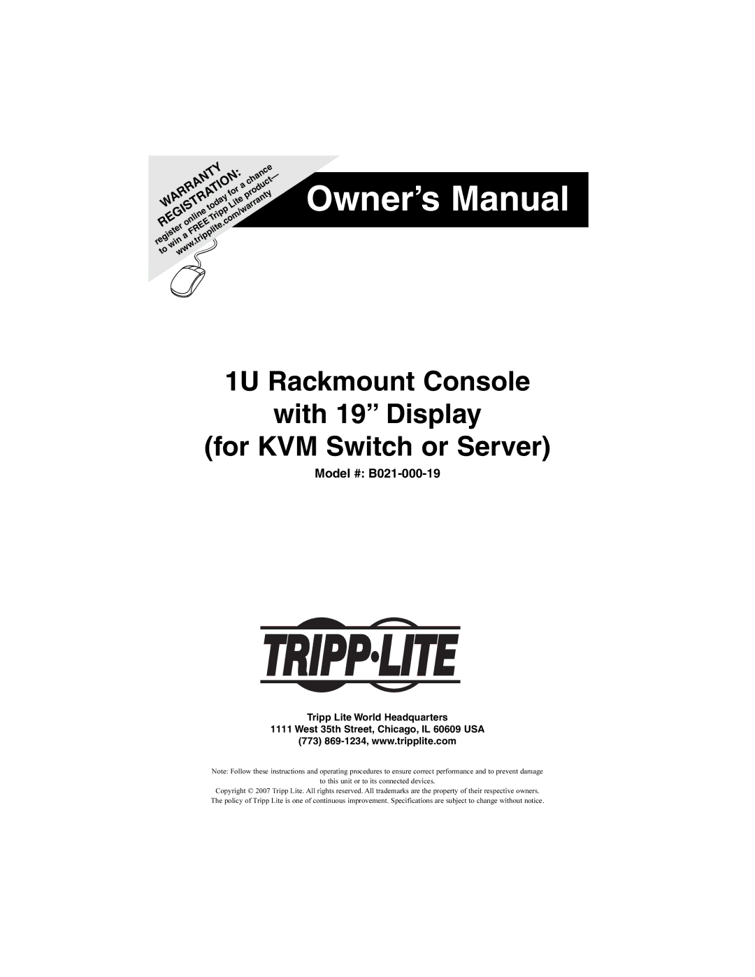 Tripp Lite owner manual Model # B021-000-19, Warranty 