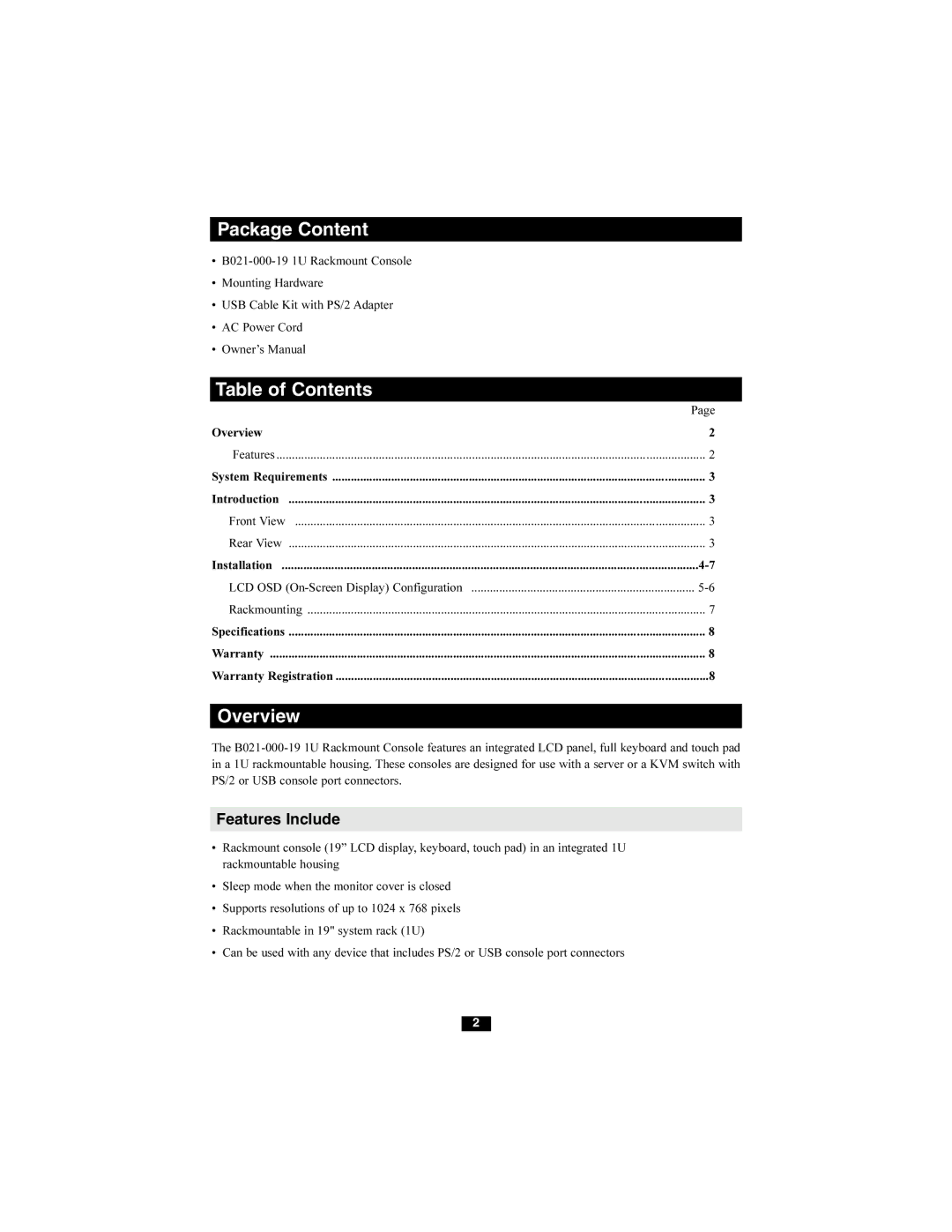 Tripp Lite B021-000-19 owner manual Package Content, Table of Contents, Overview 