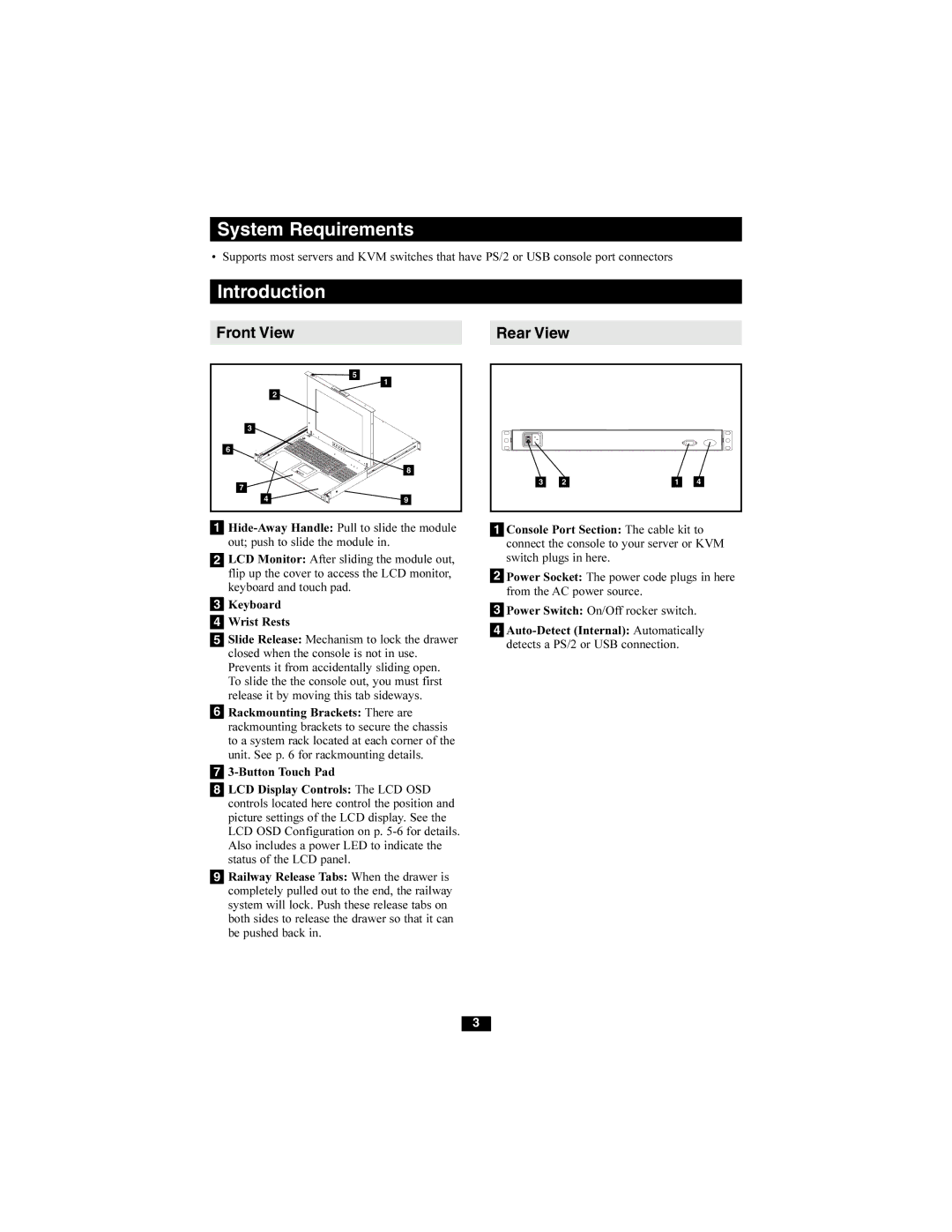 Tripp Lite B021-000-19 owner manual System Requirements, Introduction, Front View, Rear View 