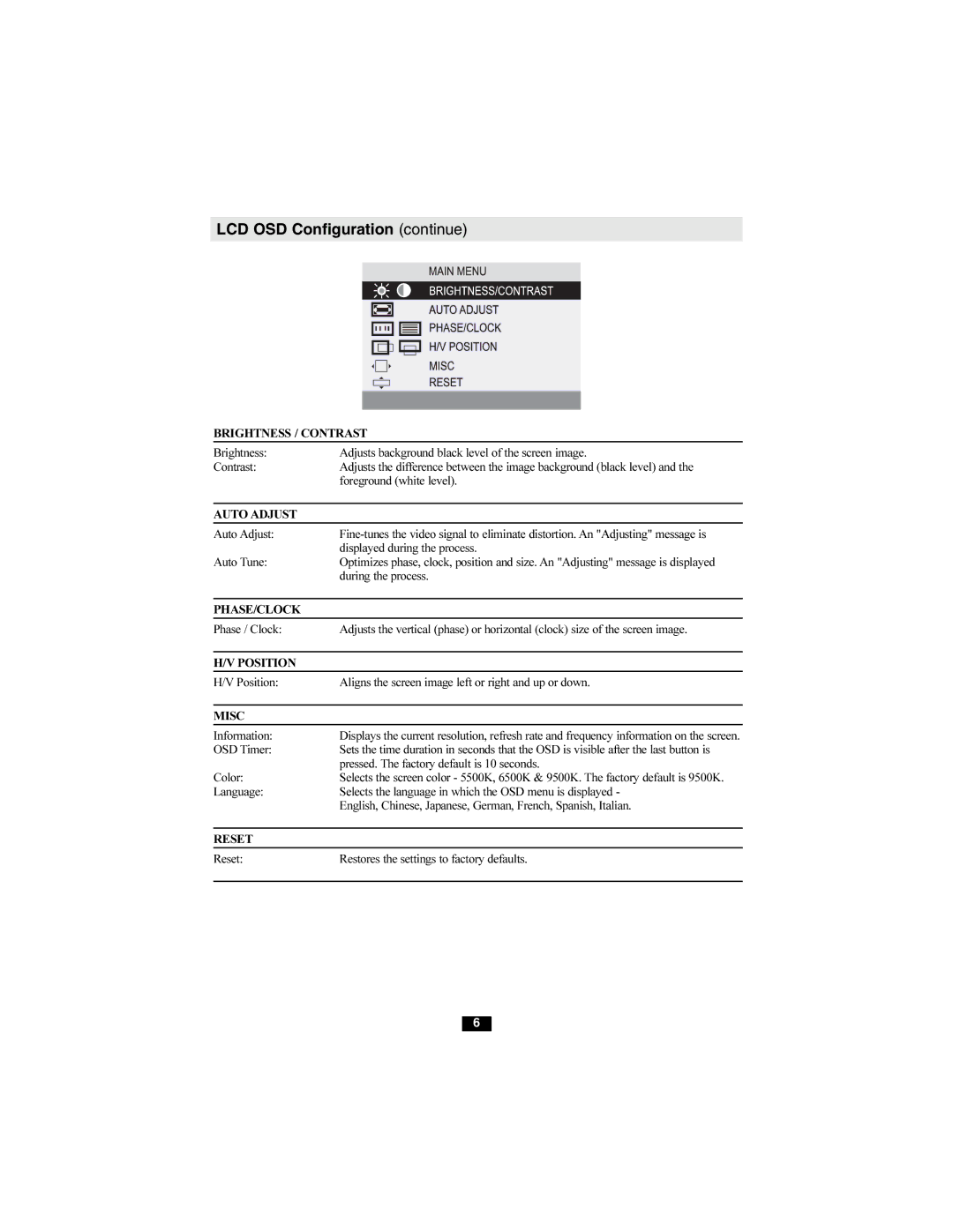 Tripp Lite B021-000-19 owner manual LCD OSD Configuration continue, Brightness / Contrast 