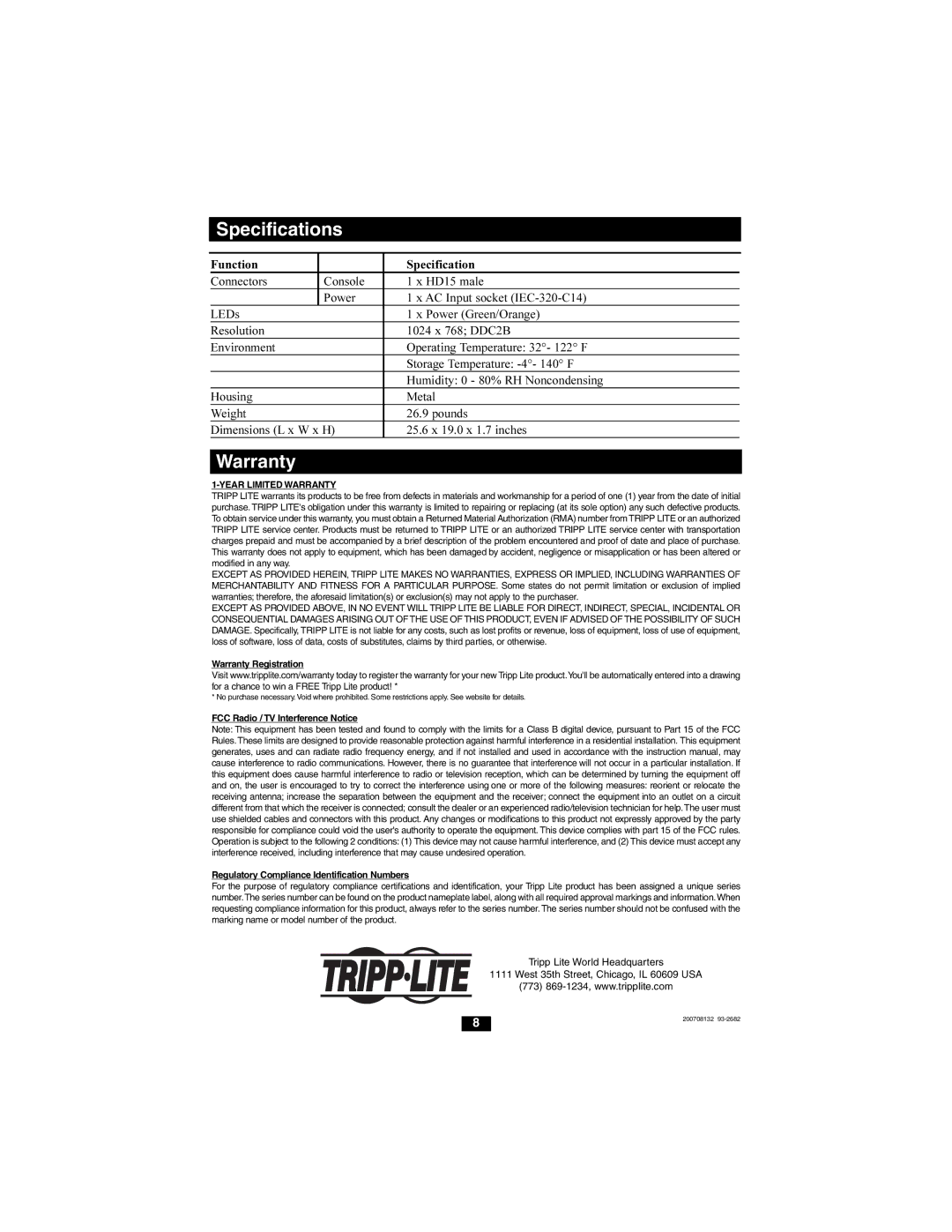 Tripp Lite B021-000-19 owner manual Specifications, Warranty 