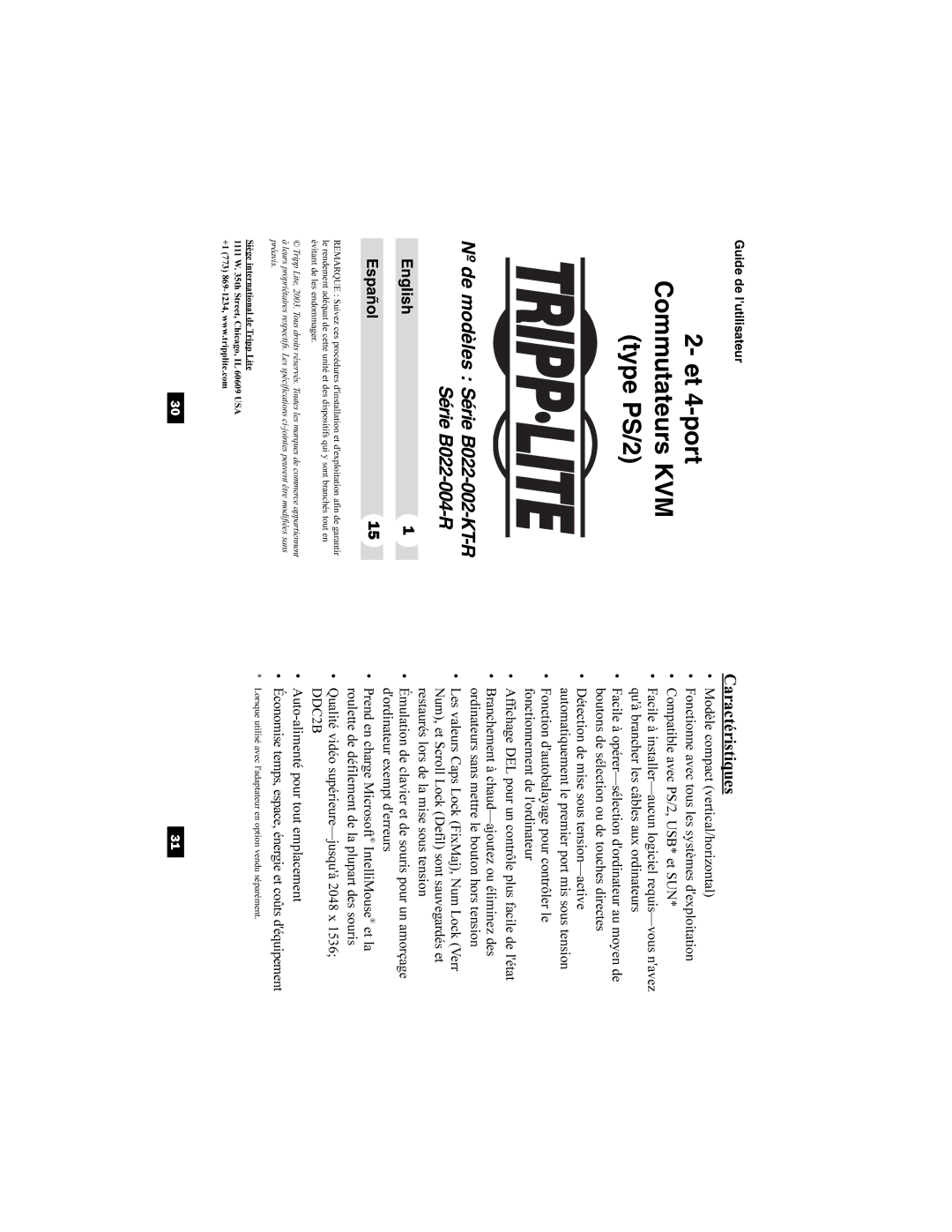 Tripp Lite B022-002-KT-R, B022-004-R user manual Et 4-port Commutateurs KVM Type PS/2, Caractéristiques 