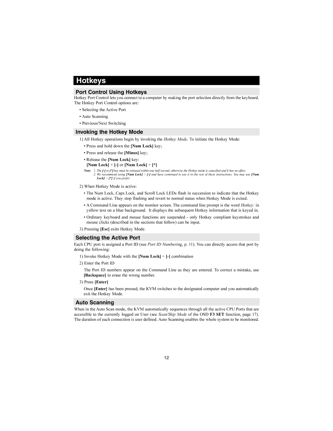 Tripp Lite B022-016 Port Control Using Hotkeys, Invoking the Hotkey Mode, Selecting the Active Port, Auto Scanning 