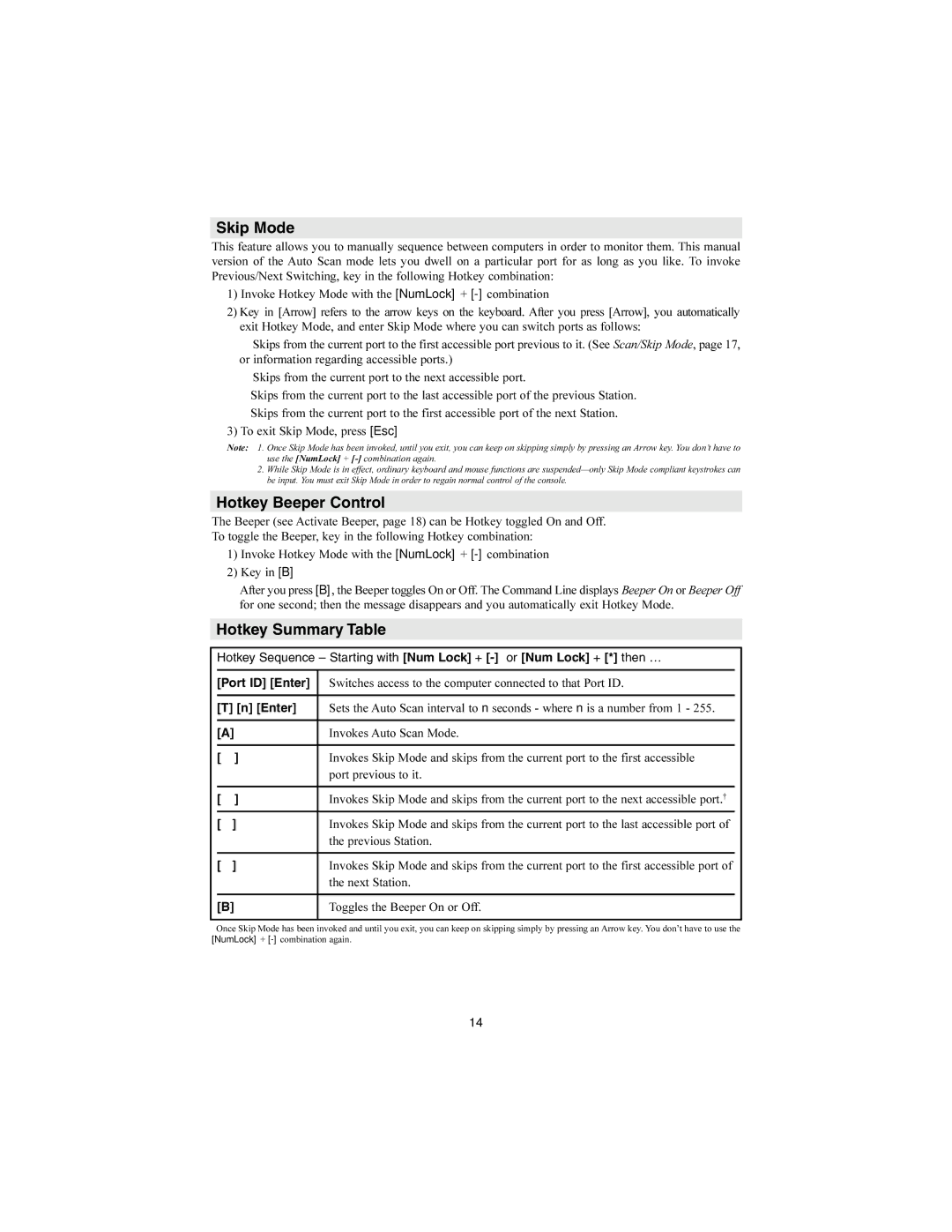 Tripp Lite B020-016-17 Skip Mode, Hotkey Beeper Control, Hotkey Summary Table, Port ID Enter, Toggles the Beeper On or Off 