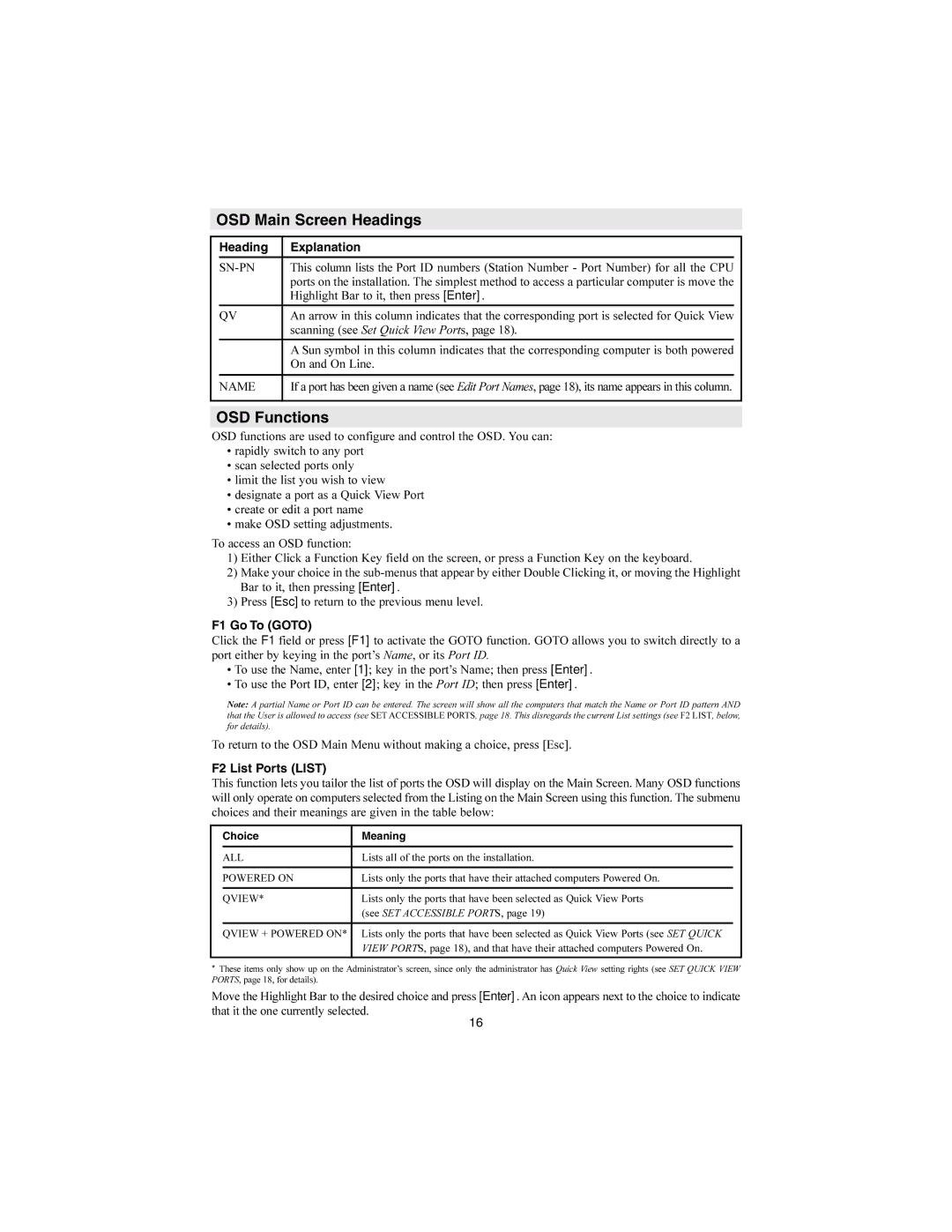 Tripp Lite B022-016 OSD Main Screen Headings, OSD Functions, Heading Explanation, F1 Go To Goto, F2 List Ports List 