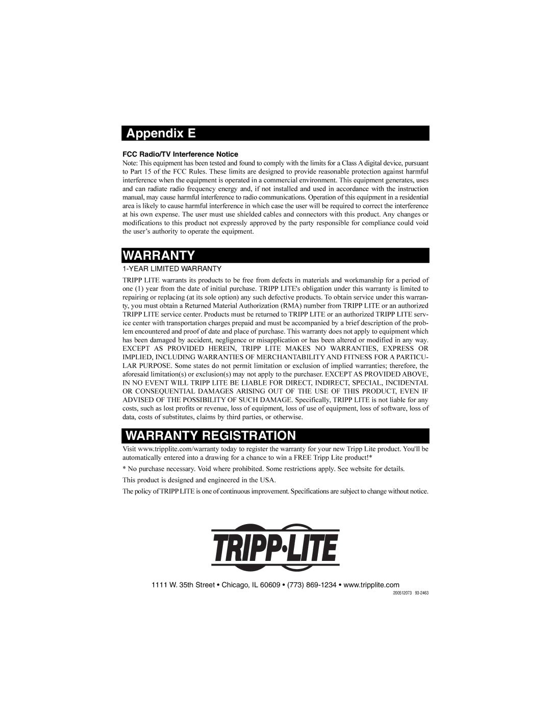 Tripp Lite B022-016, B020-008-17, B020-016-17 warranty Appendix E, FCC Radio/TV Interference Notice 