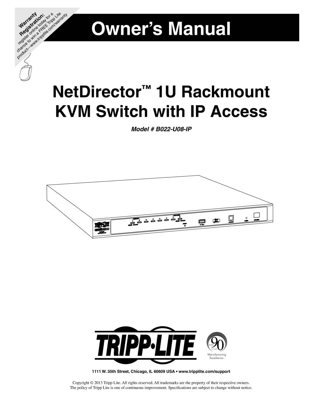 Tripp Lite B022-U08-IP quick start Quick Start Guide, NetDirector 1U Rackmount KVM Switch with IP Access 
