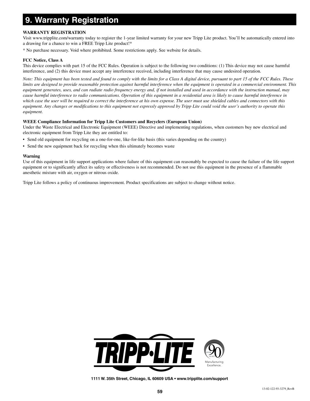 Tripp Lite B022-U08-IP owner manual Warranty Registration, FCC Notice, Class A 
