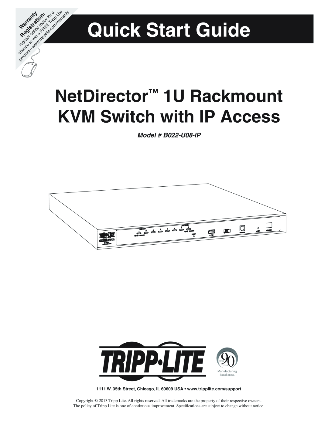 Tripp Lite B022-U08-IP quick start Quick Start Guide, NetDirector 1U Rackmount KVM Switch with IP Access 