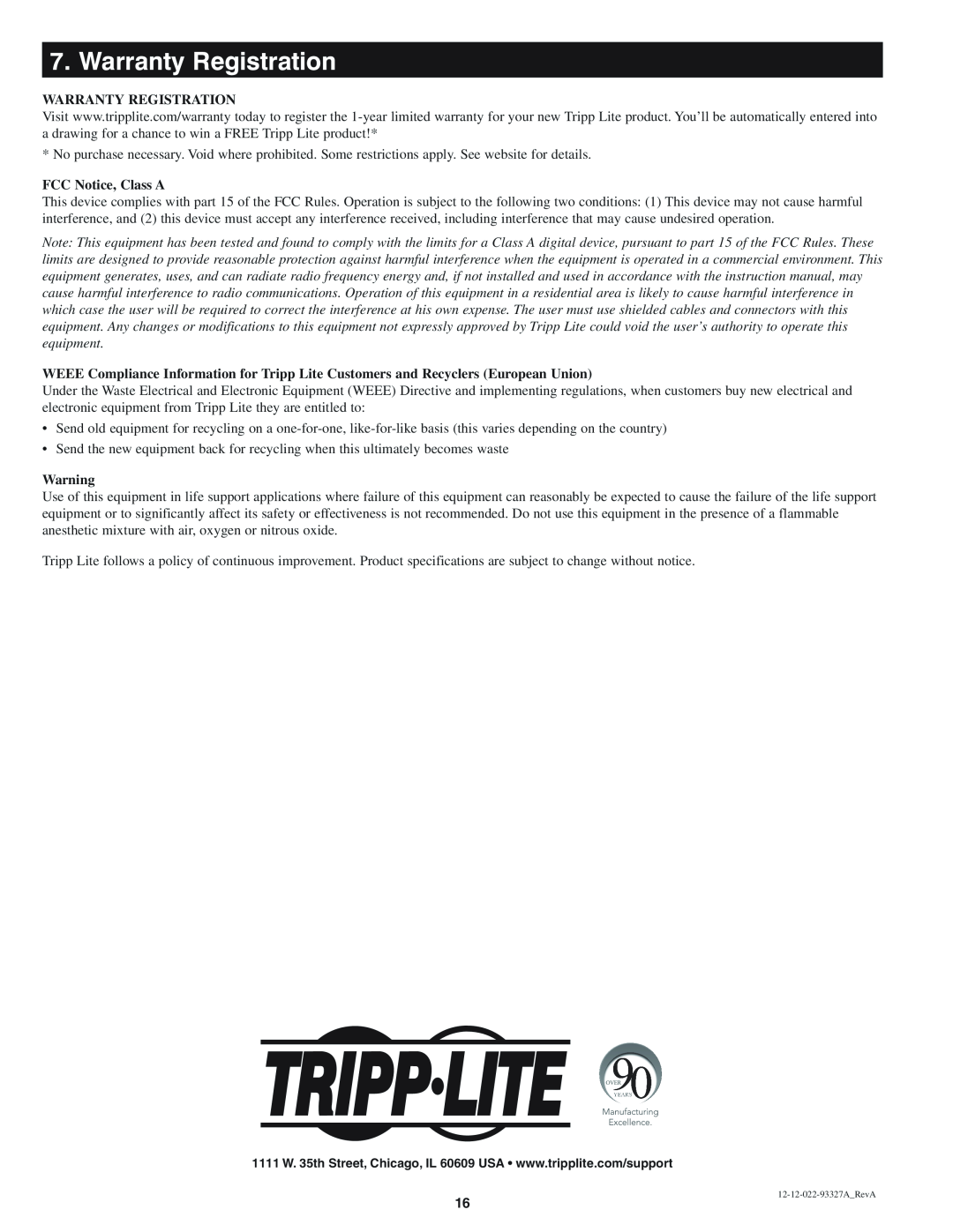 Tripp Lite B022-U08-IP quick start Warranty Registration, FCC Notice, Class A 