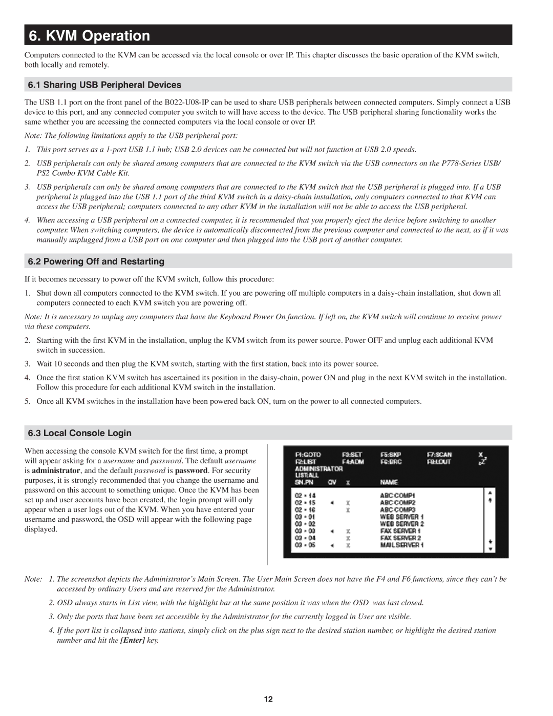 Tripp Lite B022-U08-IP KVM Operation, Sharing USB Peripheral Devices, Powering Off and Restarting, Local Console Login 