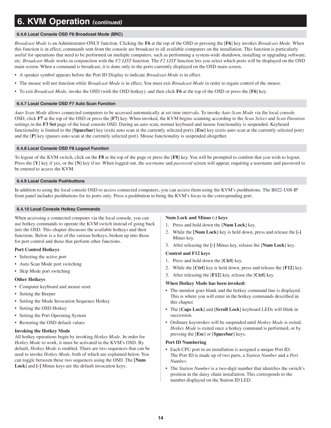 Tripp Lite B022-U08-IP owner manual Port Control Hotkeys, Other Hotkeys, Invoking the Hotkey Mode, Num Lock and Minus keys 