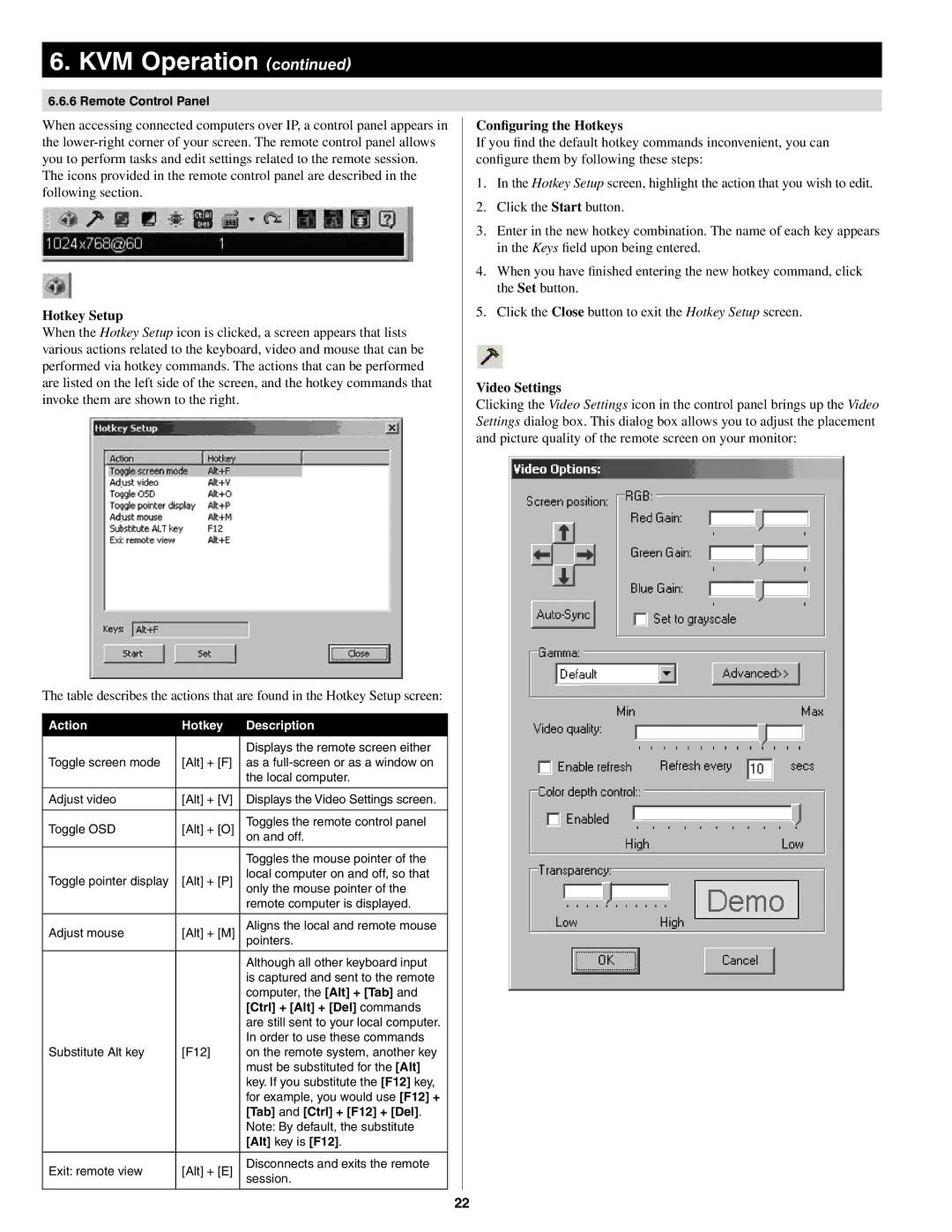 Tripp Lite B022-U08-IP owner manual Hotkey Setup, Configuring the Hotkeys, Video Settings, Action Hotkey Description 