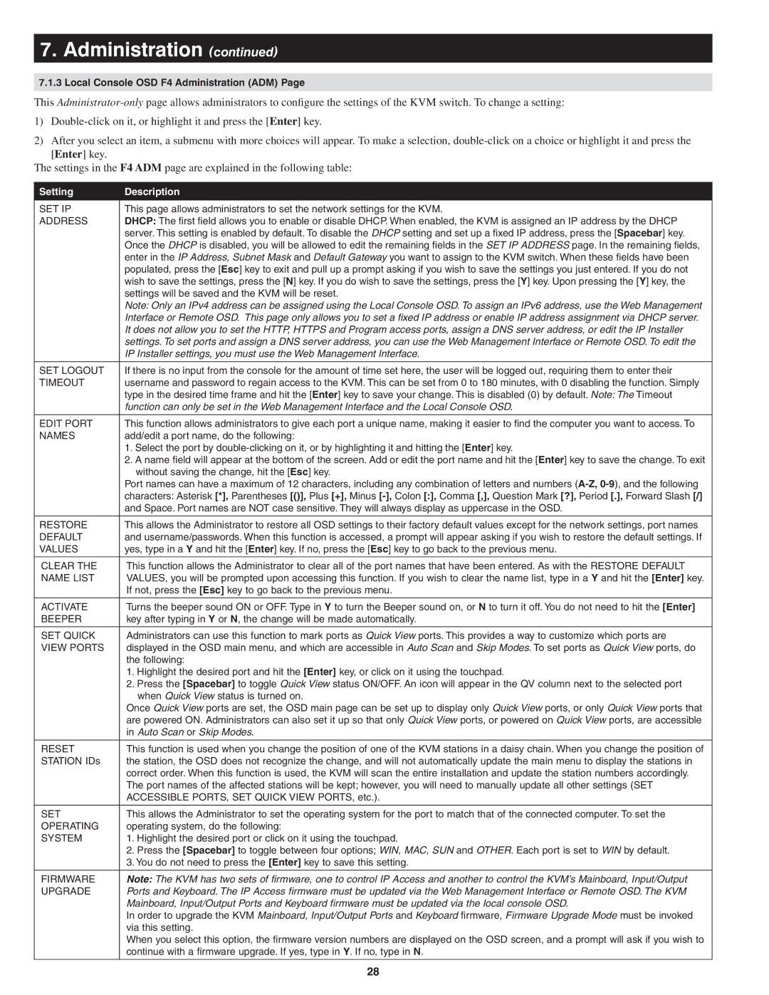 Tripp Lite B022-U08-IP owner manual Local Console OSD F4 Administration ADM 