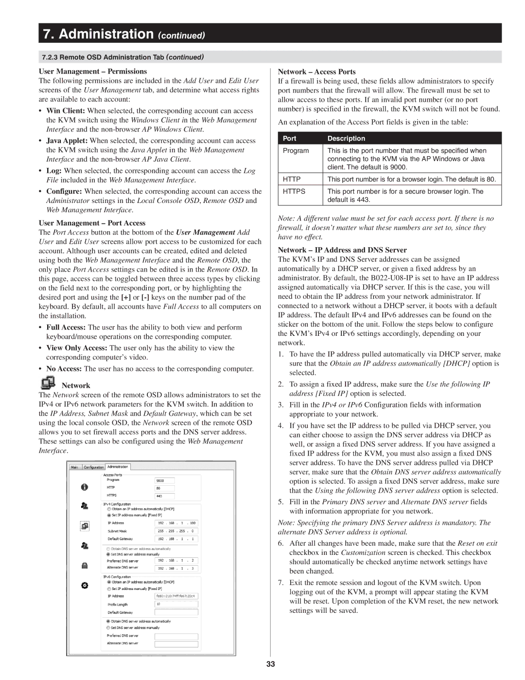 Tripp Lite B022-U08-IP owner manual User Management Permissions, User Management Port Access, Network Access Ports 