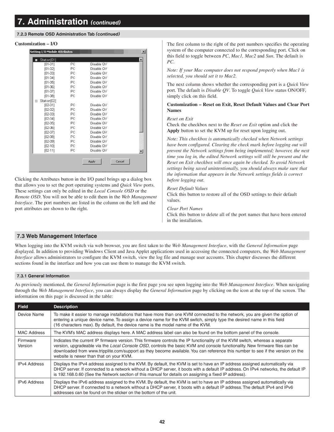 Tripp Lite B022-U08-IP Web Management Interface, Customization I/O, Reset on Exit, Reset Default Values, Clear Port Names 