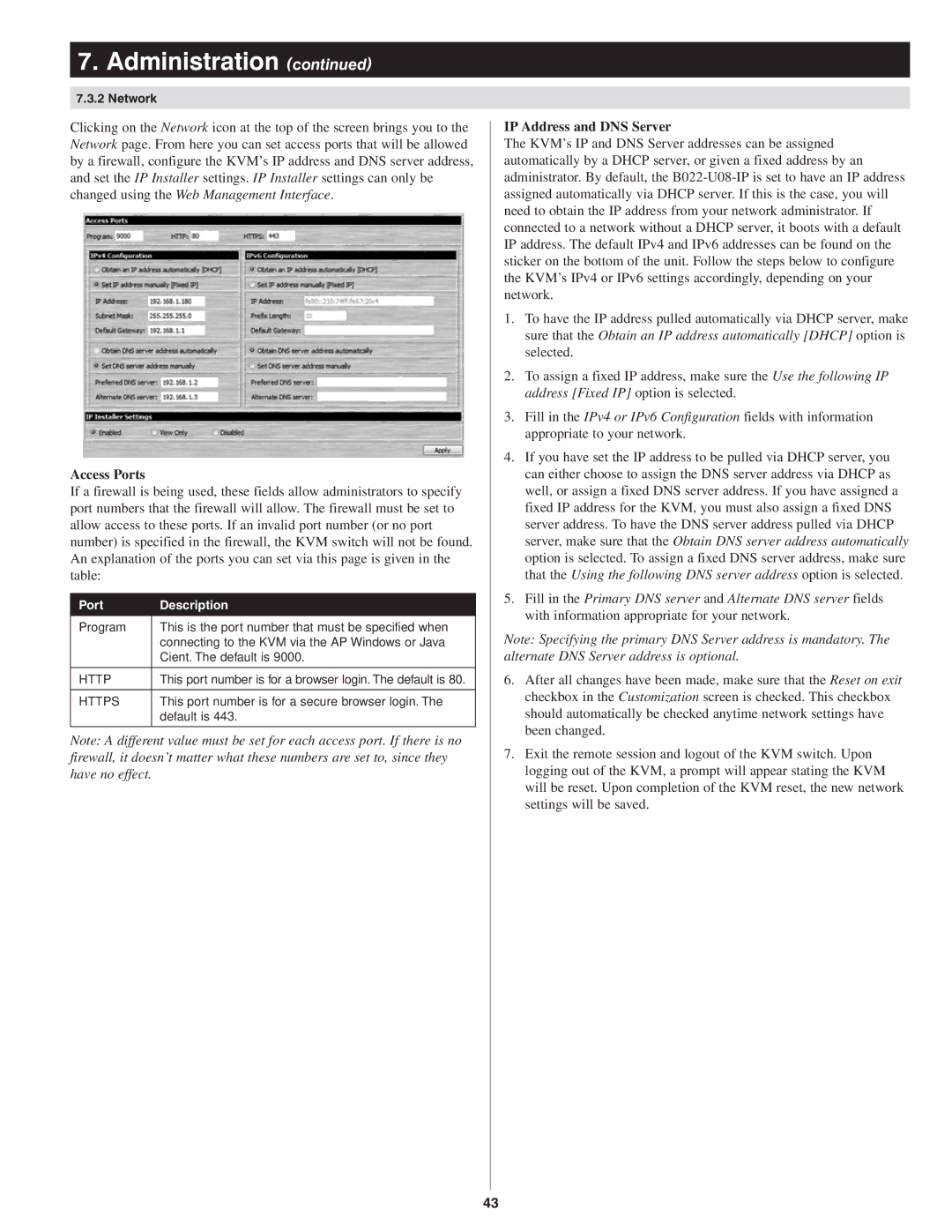 Tripp Lite B022-U08-IP owner manual Access Ports, IP Address and DNS Server 