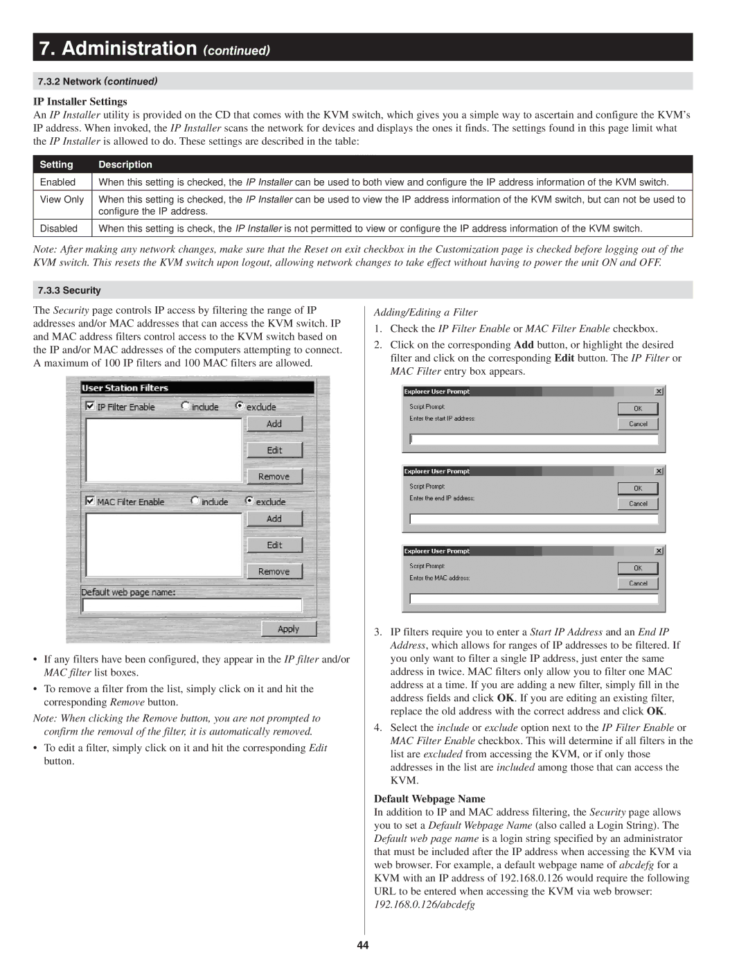 Tripp Lite B022-U08-IP owner manual IP Installer Settings, Default Webpage Name 