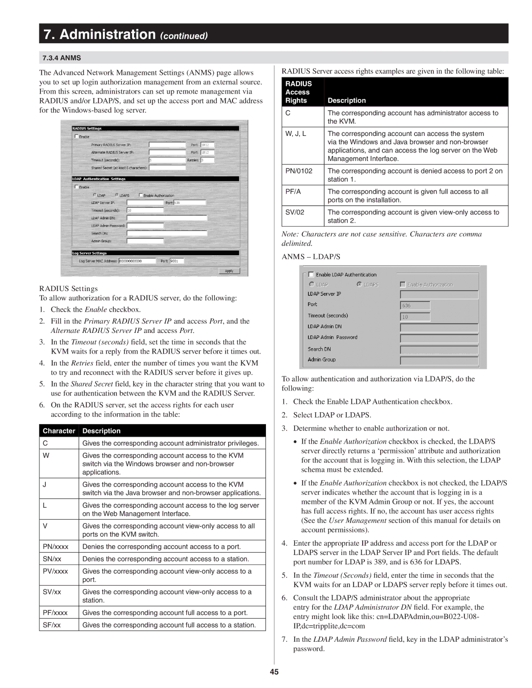 Tripp Lite B022-U08-IP owner manual Radius Settings, Access Rights 