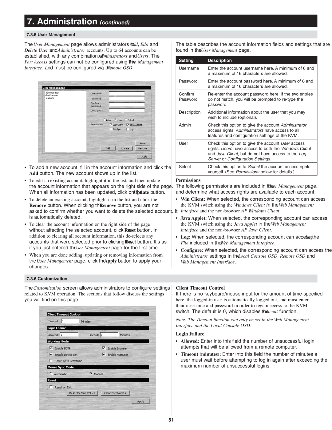 Tripp Lite B022-U08-IP owner manual Permissions, Client Timeout Control, Login Failure 