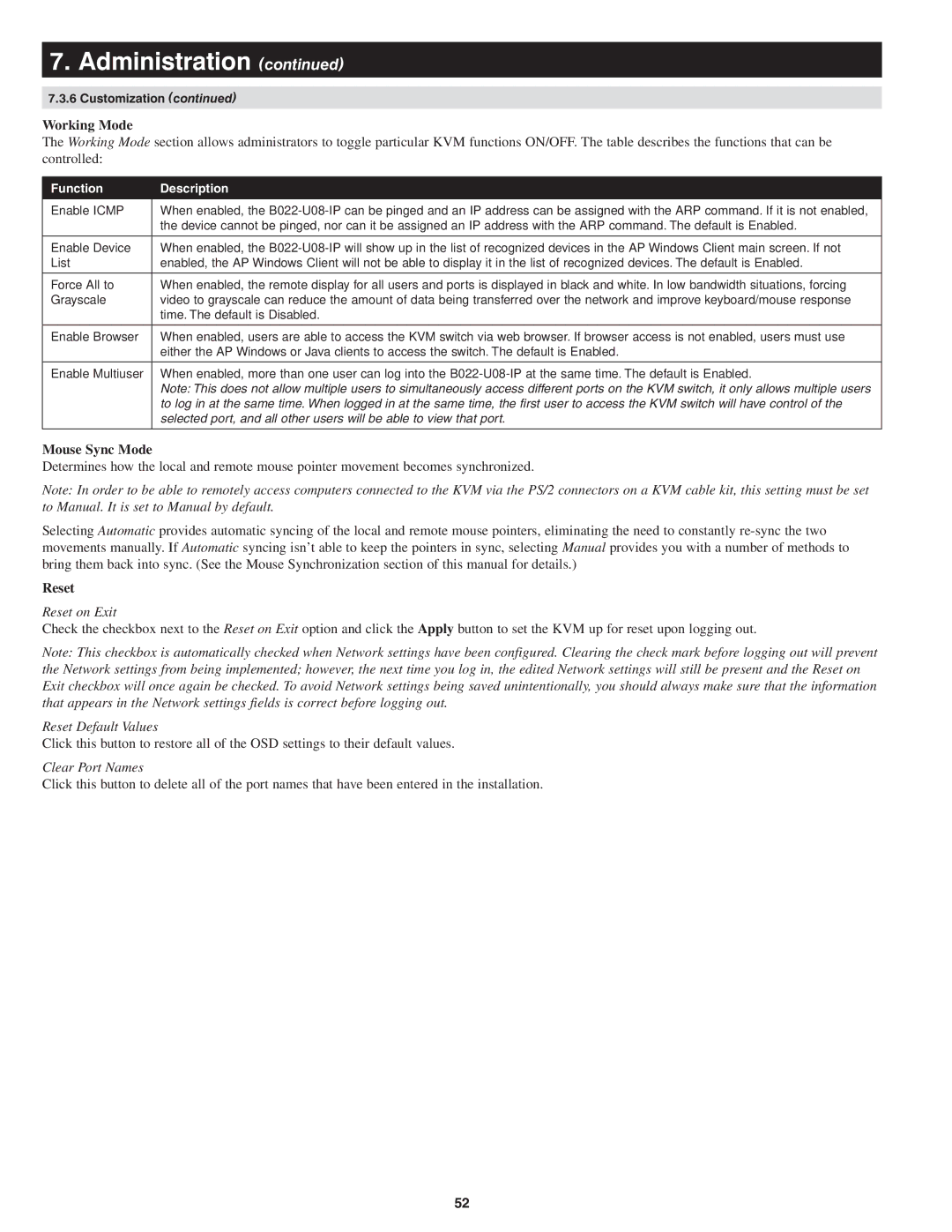 Tripp Lite B022-U08-IP owner manual Working Mode, Mouse Sync Mode, Reset 